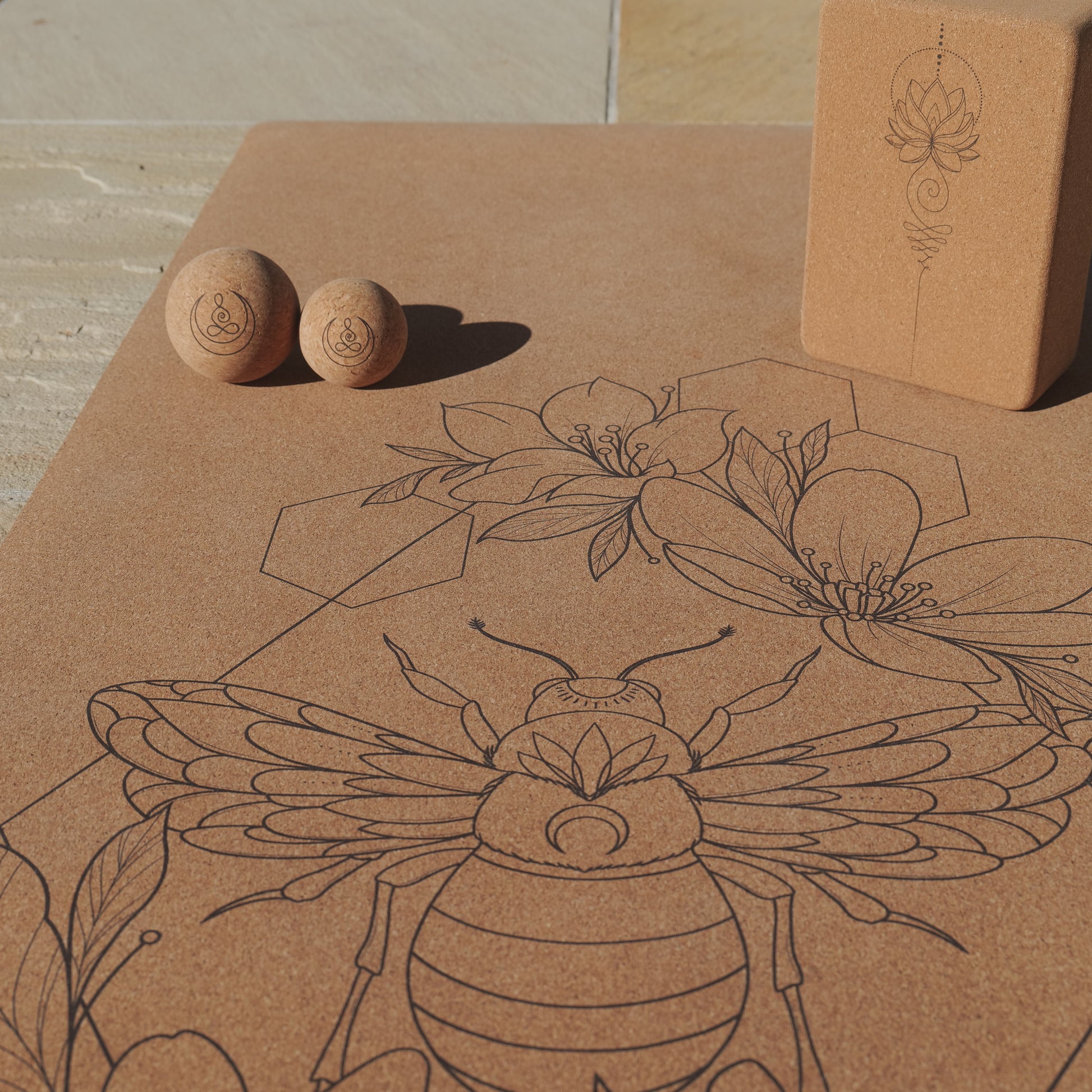 Bee cork and natural rubber yoga mat + unalome lotus cork yoga block + OGI NEST cork massage balls